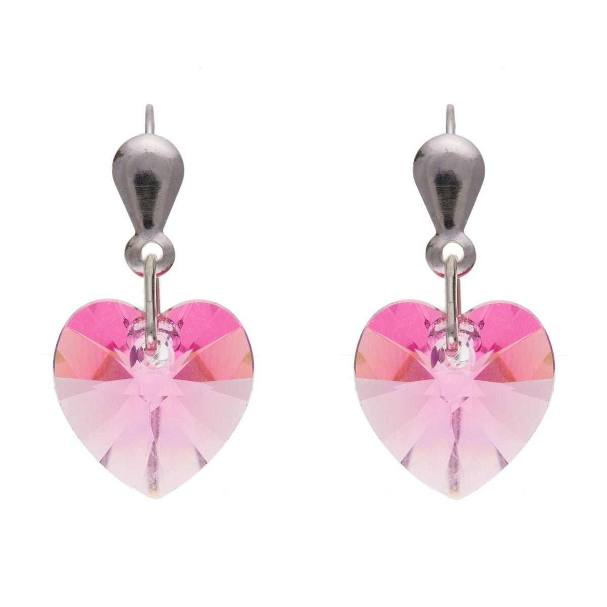 10MM Sparkly PINK Rose Austrian Crystal Heart Dangly/Dangle Drop Earrings for Women/Teenage/Girls - 925 Sterling Silver - 10mm Width X 18mm Height