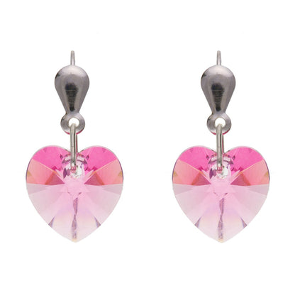 10MM Sparkly PINK Rose Austrian Crystal Heart Dangly/Dangle Drop Earrings for Women/Teenage/Girls - 925 Sterling Silver - 10mm Width X 18mm Height