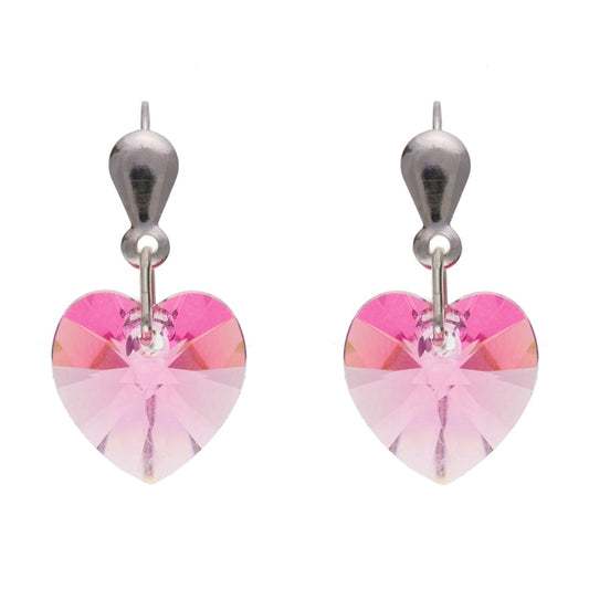 10MM Sparkly PINK Rose Austrian Crystal Heart Dangly/Dangle Drop Earrings for Women/Teenage/Girls - 925 Sterling Silver - 10mm Width X 18mm Height
