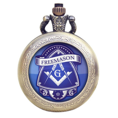 Freemasons Masonic Blue Coat of Arms Antique Bronze Effect Retro/Vintage Case Men's Quartz Pocket Watch Necklace - On 32" Inch / 80cm Chain