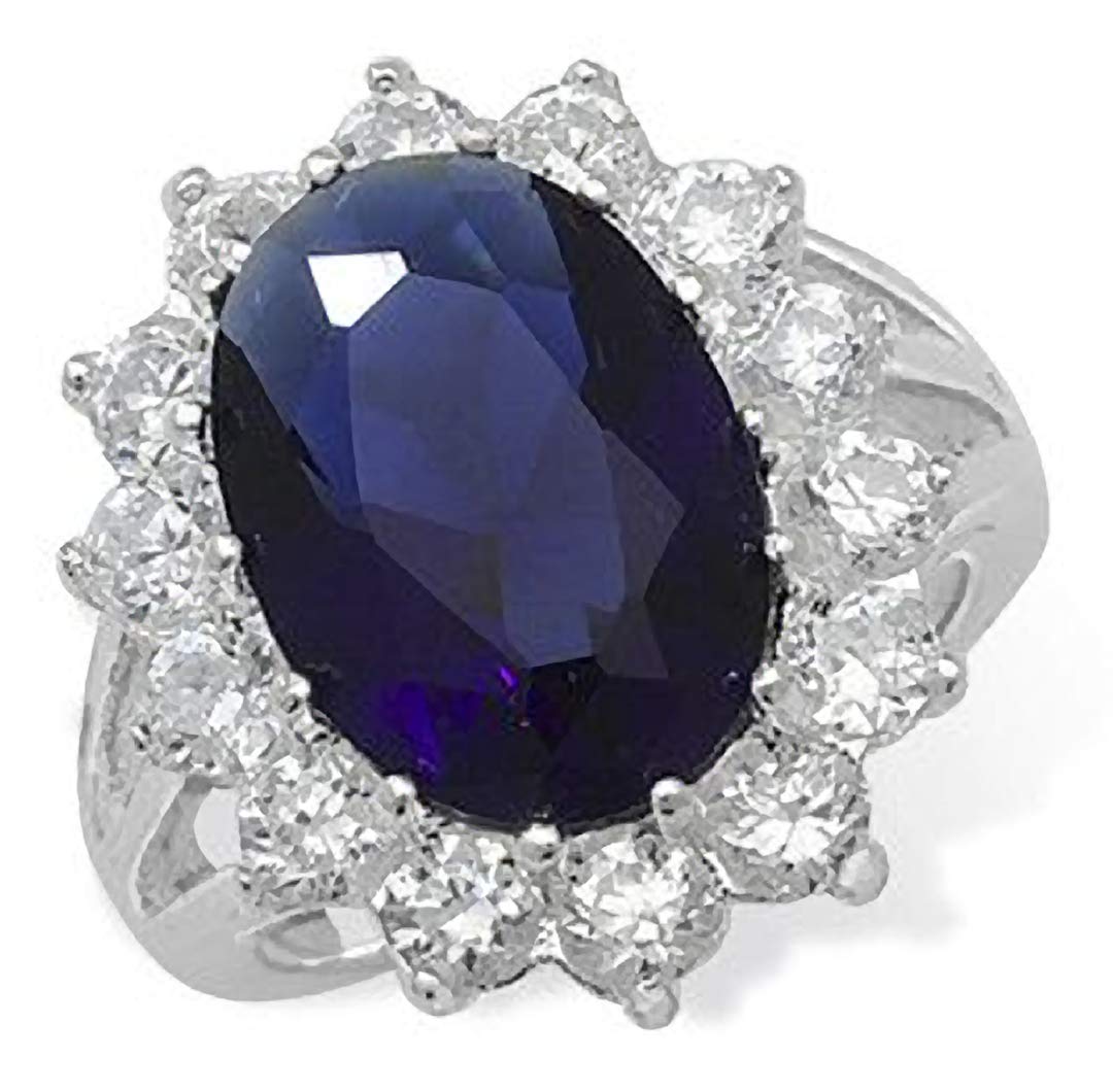 Womens Sterling Silver Blue Synthetic Sapphire & White Cubic Zirconia (CZ) Oval Cluster En 