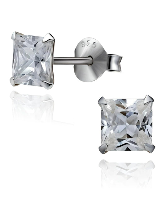 MENS Princess Cut/Square Simulated Diamond Cubic Zirconia (CZ) Sterling Silver Stud Earrin ##5mm-pair-of-studs,5mm-single-stud
