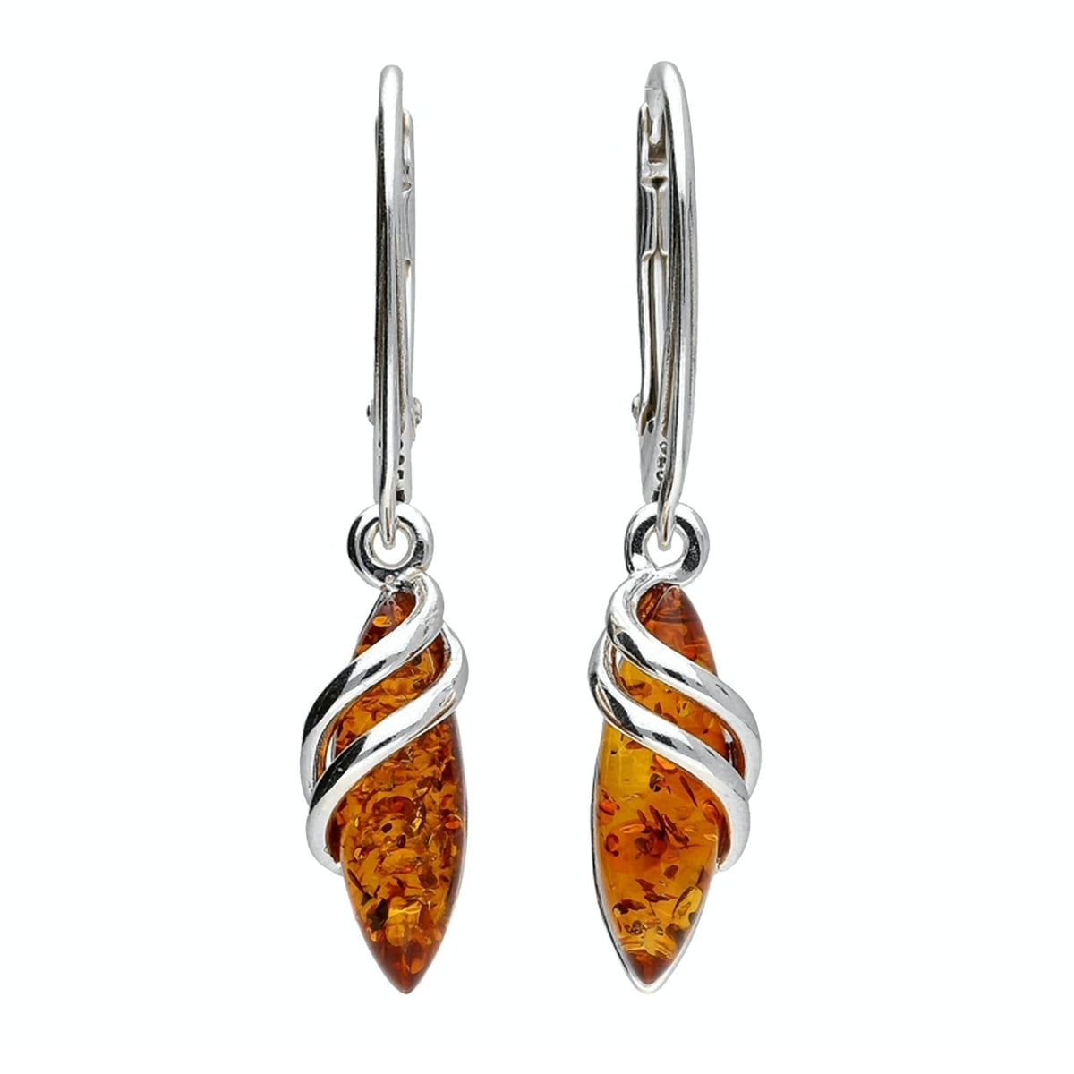 Enwrapped Teardrop Baltic Honey Orange Amber Lever Back Sterling Silver Dangly/Dangle Drop Earrings for Women Ladies Girls - Fancy Art Deco Earrings. 070346