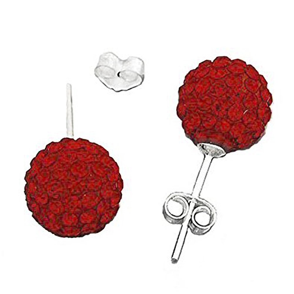 10MM RED Pave Rhinestone Ball Shamballa Style Sterling Silver Stud Earrings