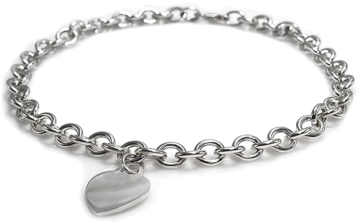 18" Inch Heart or Round Charm Tag Sterling Silver Plated Necklace for Women/Teenager/Girls on 18" Inch / 45cm Chain - Chunky Belcher Link Necklace with Charm Tag