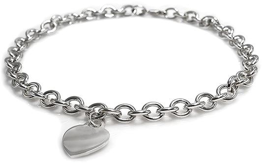 18" Inch Heart or Round Charm Tag Sterling Silver Plated Necklace for Women/Teenager/Girls on 18" Inch / 45cm Chain - Chunky Belcher Link Necklace with Charm Tag
