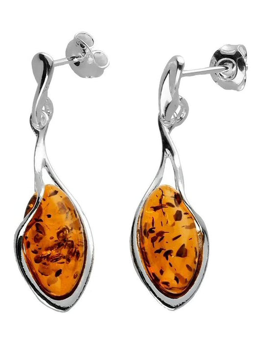 Sterling Silver Teardrop Baltic Honey Dangly/Dangle Drop Amber Earrings for Women/Ladies/Girls - 925 Sterling Silver - Unusual Fancy Cognac Amber Jewellery. 080436