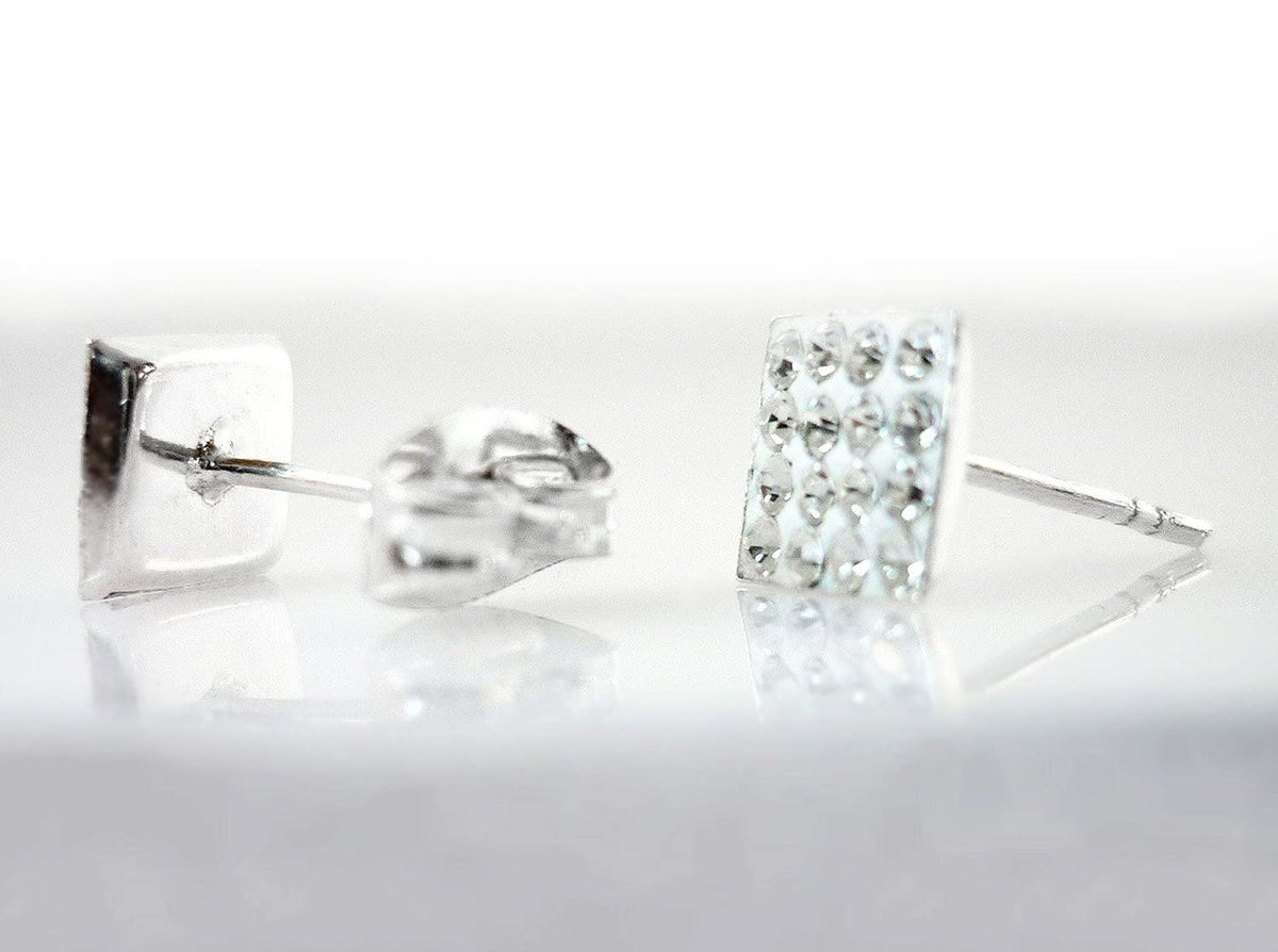 6MM Bling LADIES Square Micro Pave Austrian Crystal Sterling Silver Stud Earrings/Ear Studs for Women/Teenage/Girls - 925 Sterling Silver - White/Clear