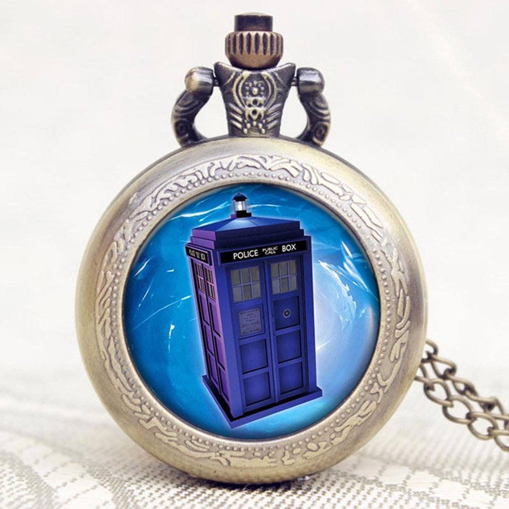 DR WHO Blue Tardis Bronze Effect Retro/Vintage Case Full Hunter Mens/Boys Quartz Pocket Watch Necklace - On 32" Inch / 80cm Chain