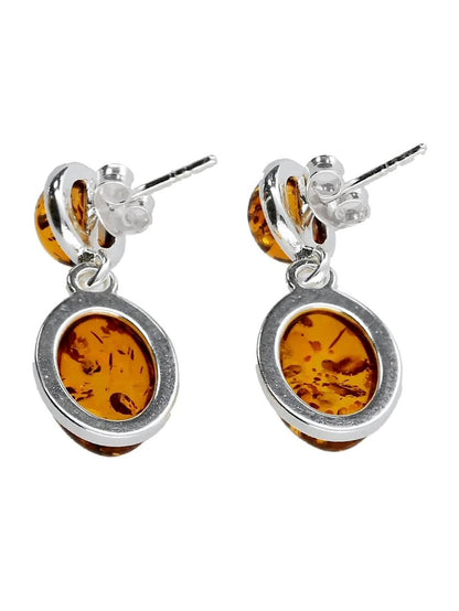 Circle & Oval Cabochon Cut Baltic Honey Amber Sterling Silver Earrings for Women/Girls - Elegant Dangly/Dangle Drop Stud Earrings - Amber Jewellery. 080345C