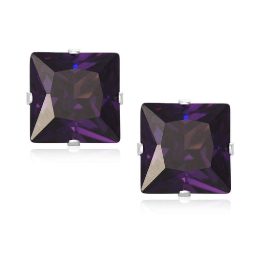 3MM Square Princess Cut CZ Birthstone Stud Earrings/Ear Studs for Women - 925 Sterling Sil ##02-february-amethyst-purple