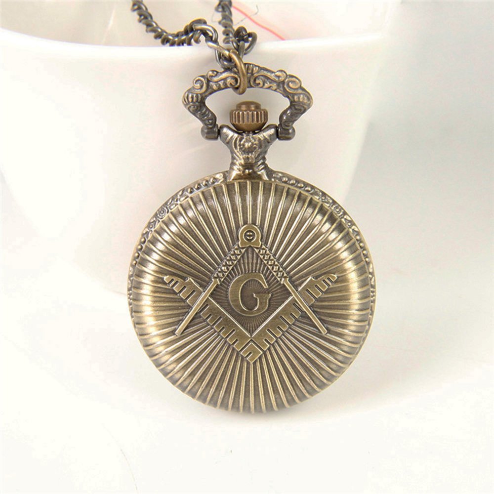 Freemasons Masonic Bronze Effect Retro/Vintage Case Men's Quartz Pocket Watch Necklace - On 32" Inch / 80cm Chain