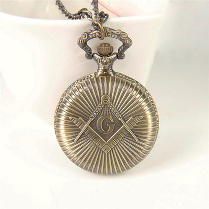 Freemasons Masonic Bronze Effect Retro/Vintage Case Men's Quartz Pocket Watch Necklace - On 32" Inch / 80cm Chain