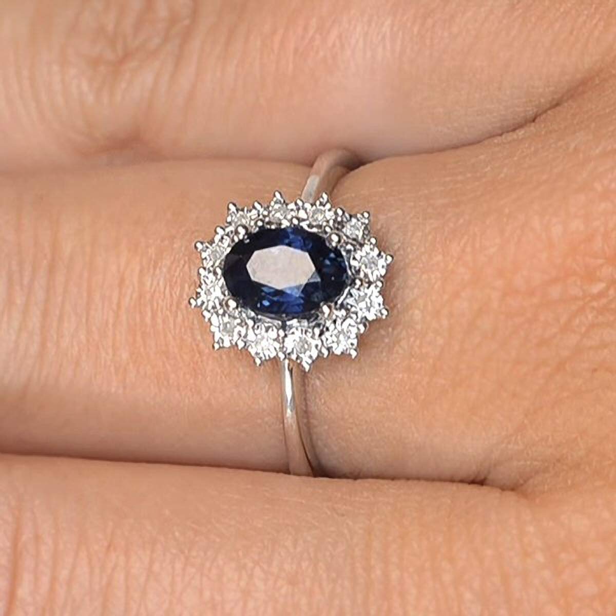 Womens Sterling Silver Blue Synthetic Sapphire & White Cubic Zirconia (CZ) Oval Cluster Engagement Ring - PETITE Replica Kate Middleton/Princess Diana Ring/The Royal Ring - Available in Sizes: J-R