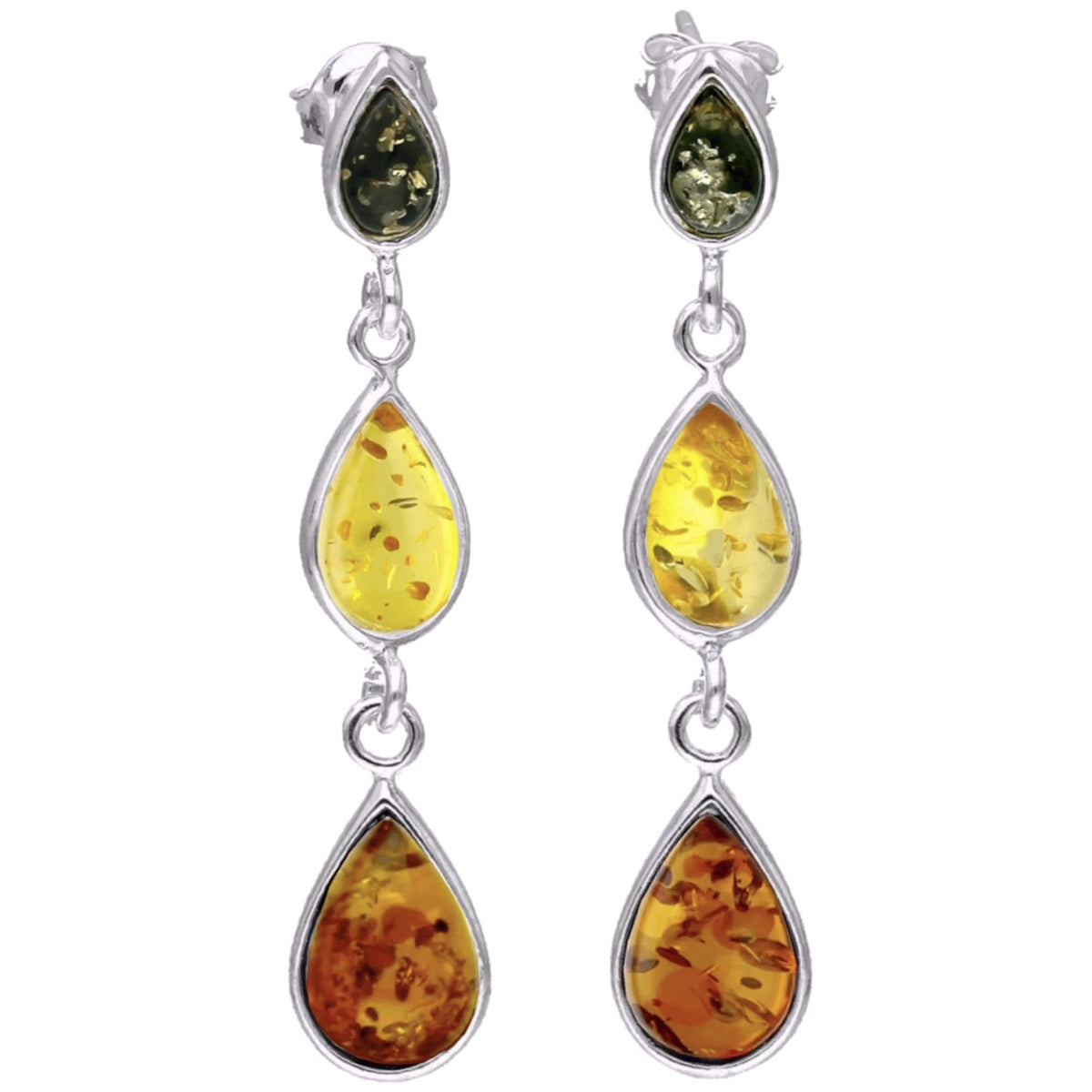 Amber Sterling Silver Earrings - Unusual Long Mixed Orange Yellow & Green Amber Fancy Dangly Drop 070405