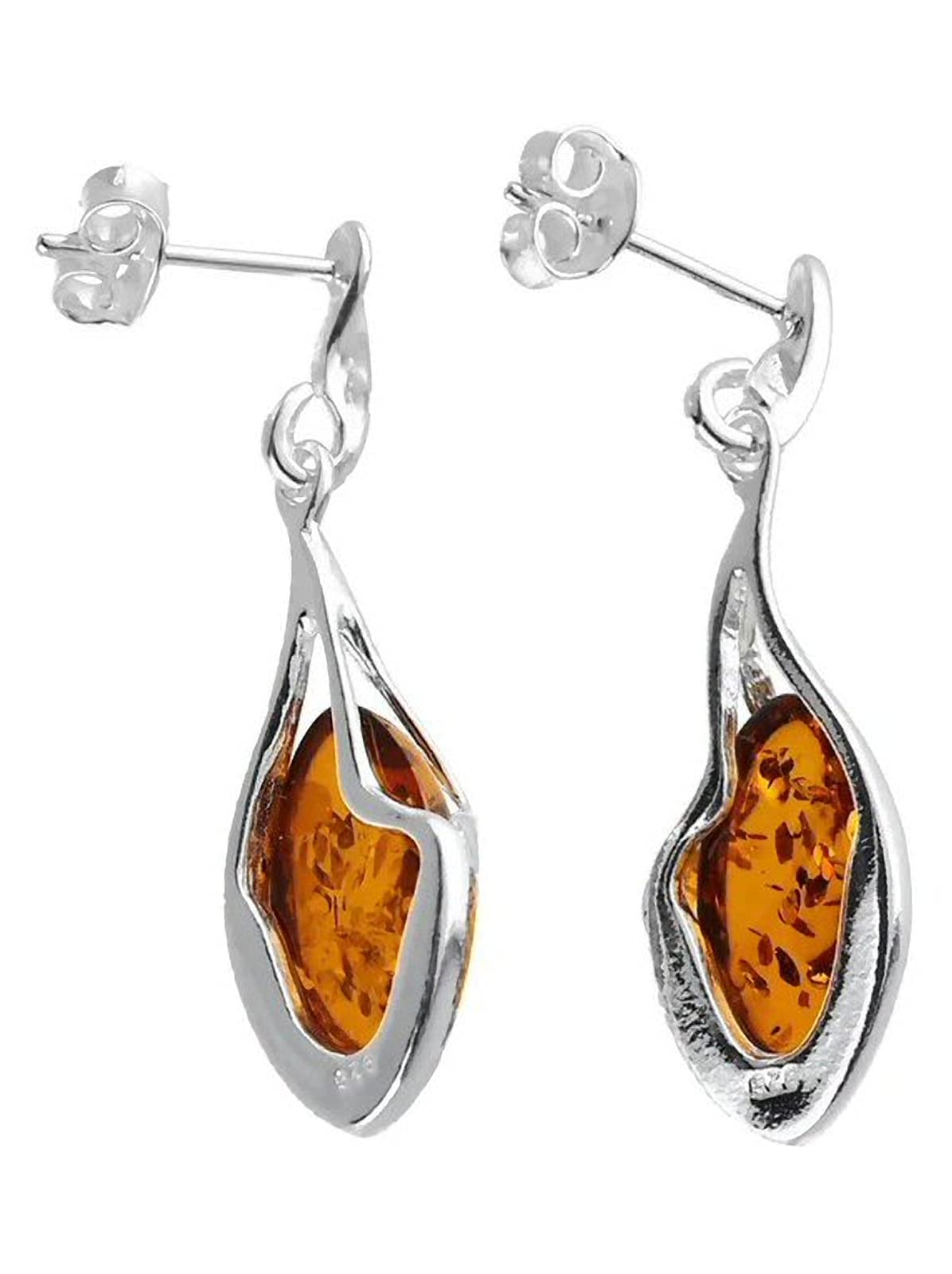 Sterling Silver Teardrop Baltic Honey Dangly/Dangle Drop Amber Earrings for Women/Ladies/Girls - 925 Sterling Silver - Unusual Fancy Cognac Amber Jewellery. 080436