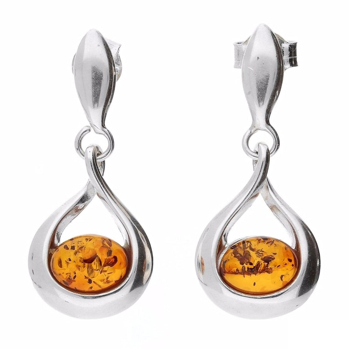 Oval Amber Sterling Silver Drop Earrings - Long Fancy Dangly/Dangle Drop Earrings with Stud Fastening - For Amber Jewellery Lovers. 080183