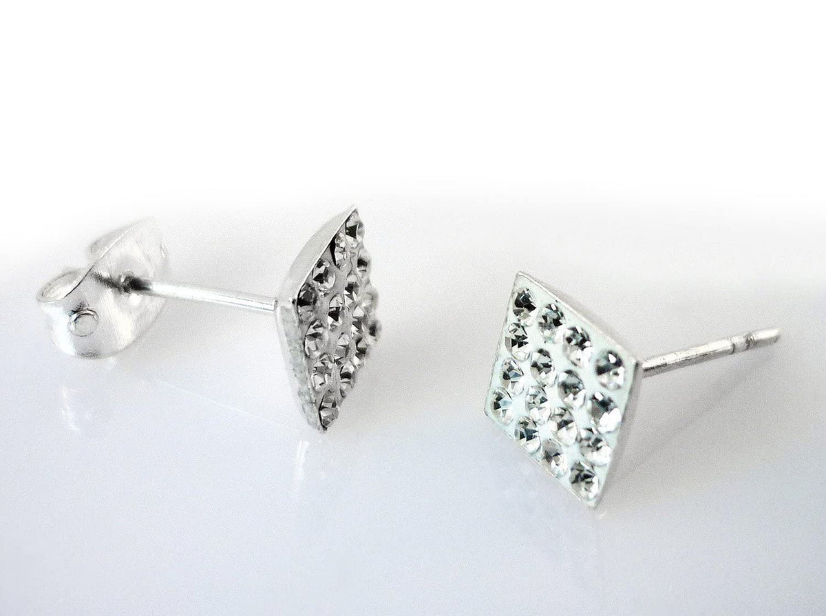 6MM Bling MENS Square Micro Pave Austrian Crystal Sterling Silver Stud Earrings – White/Clear -
