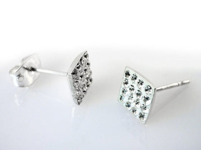 6MM Bling MENS Square Micro Pave Austrian Crystal Sterling Silver Stud Earrings – White/Clear -