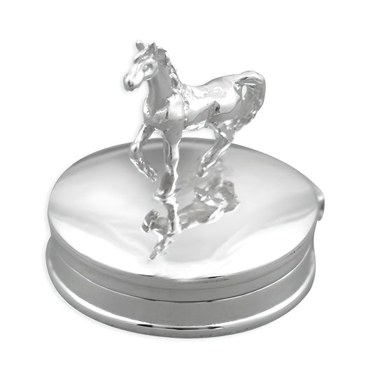 Sterling Silver Standing Horse on Round Pill/Trinket Box - Solid 925 Sterling Silver Gift Box