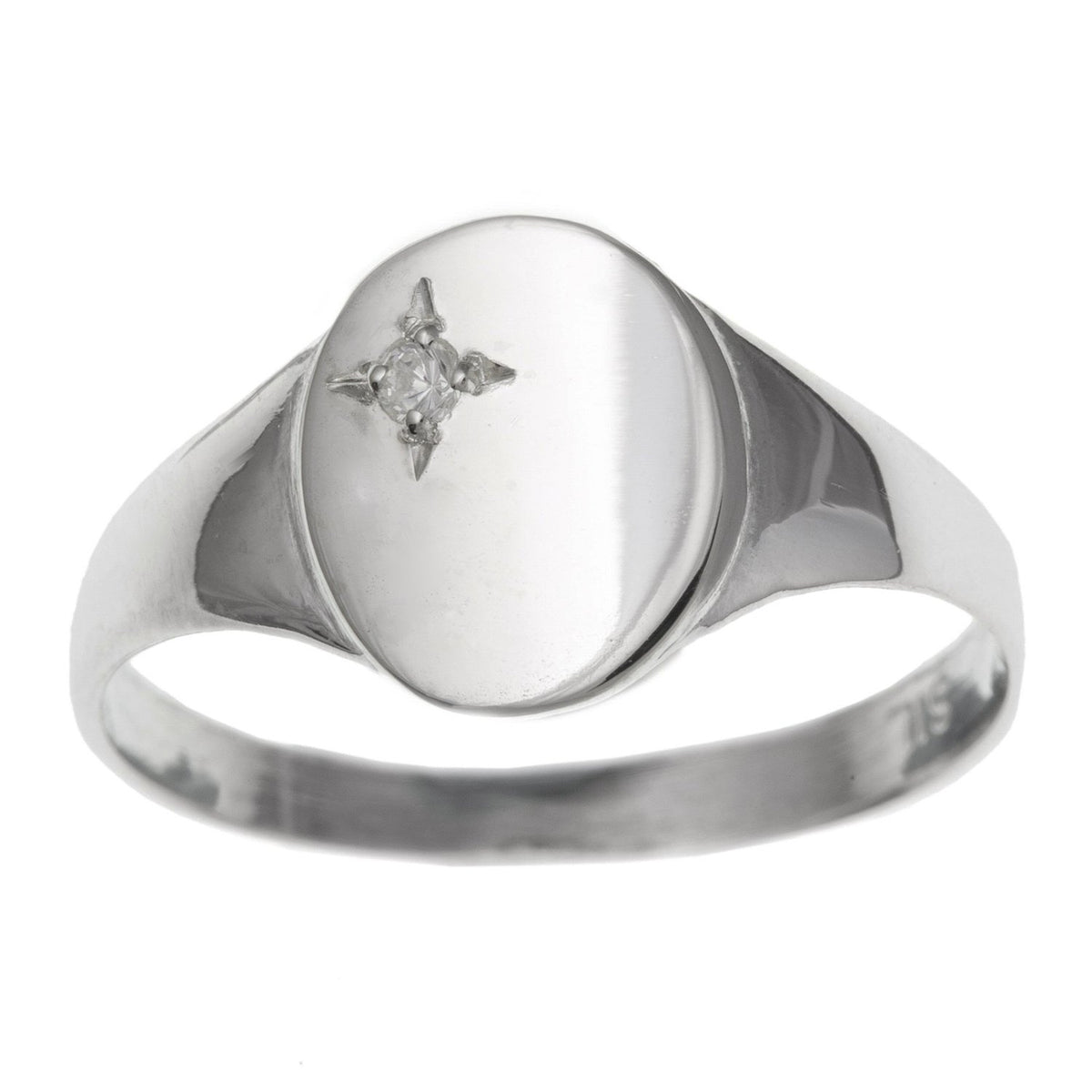WOMENS White/Clear Cubic Zirconia (CZ) Set Oval Sterling Silver Signet Ring - Engravable
