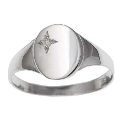 WOMENS White/Clear Cubic Zirconia (CZ) Set Oval Sterling Silver Signet Ring - Engravable