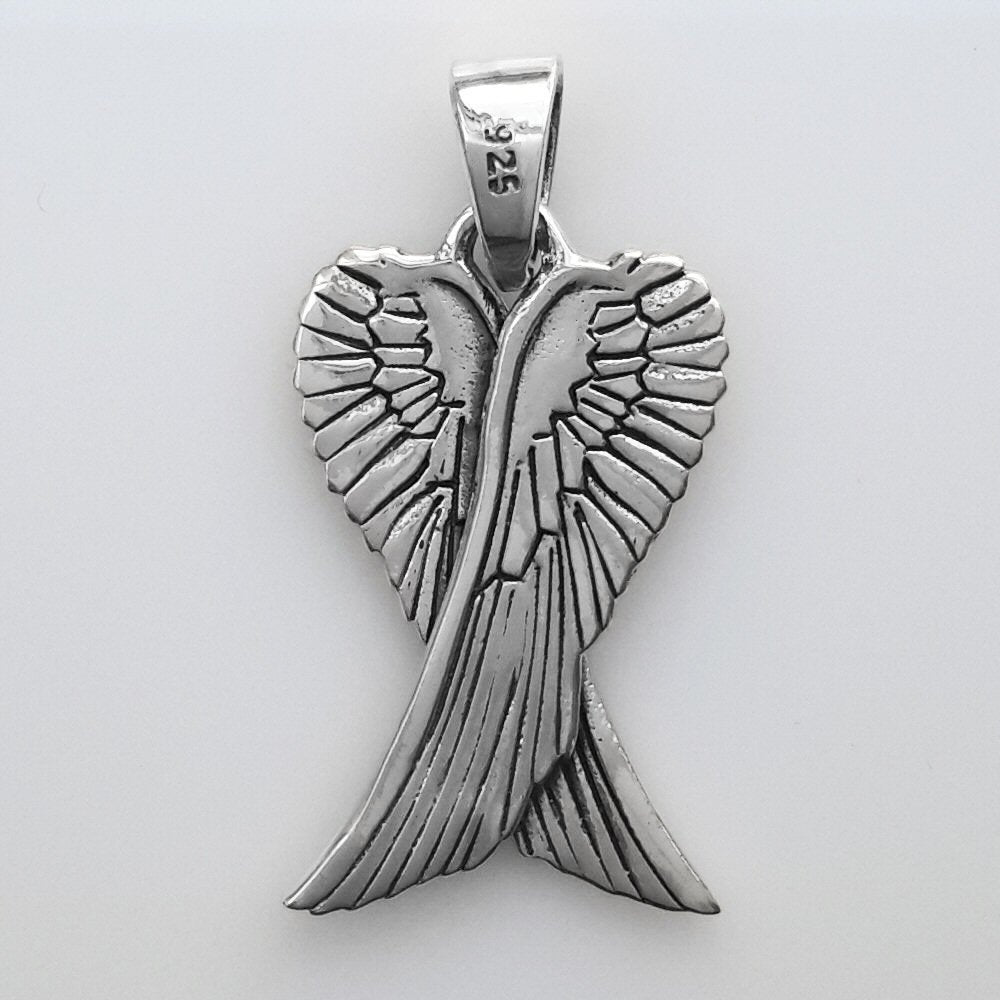 Guardian Angel Double Wing Silver Pendant Necklace (MEDIUM) for Women/Men/Unisex On 16, 18 or 20 Inch Chain - 925 Sterling Silver Size: 16mm W X 31mm H - Weight: 3.06 Grams