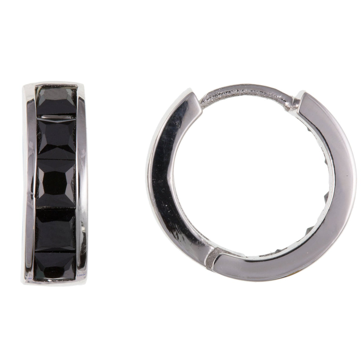 MENS Black Cubic Zirconia (CZ) Set Single Huggie Hoop Earring - 925 Sterling Silver