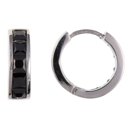 MENS Black Cubic Zirconia (CZ) Set Single Huggie Hoop Earring - 925 Sterling Silver