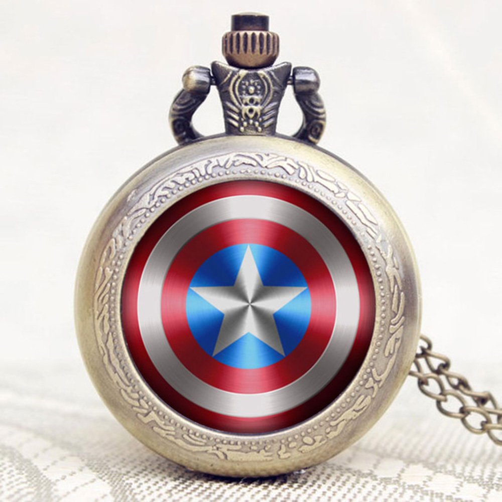 Captain America Shield Antique Bronze Effect Retro/Vintage Case Men's Quartz Pocket Watch Necklace - On 32" Inch/80cm Chain