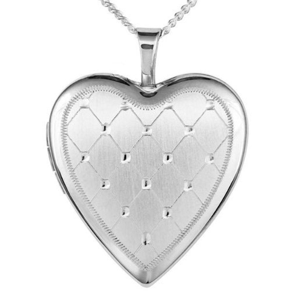 Quilted Design Sterling Silver Heart Locket - On 16", 18" or 20" Inch Chain - Engravable 