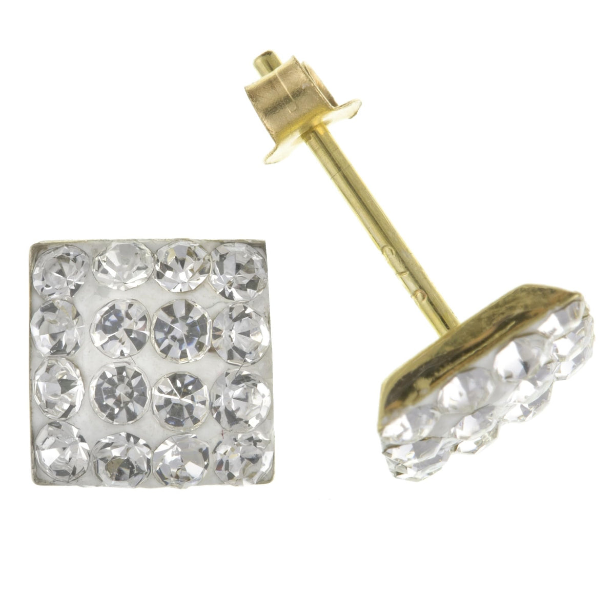 7MM Bling MENS 9ct Yellow Gold Square Micro Pave Cubic Zirconia Crystal Stud Earrings – White/Clear