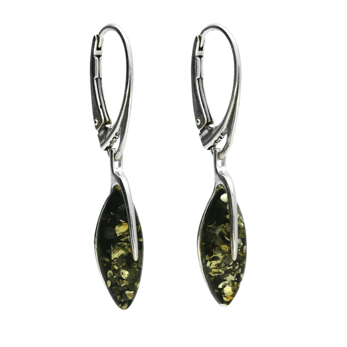 Amber Sterling Silver Earrings - Leaf Design Green Amber Fancy Dangly Drop - for Amber Jewellery Lovers 070174
