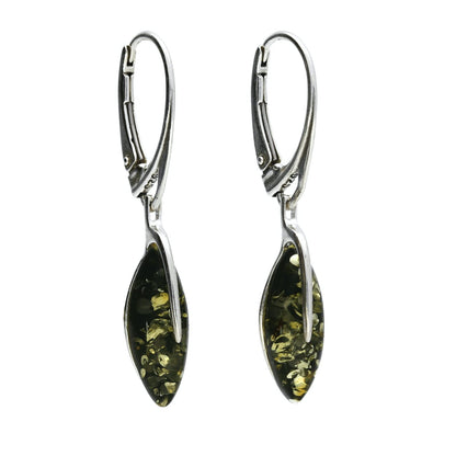 Amber Sterling Silver Earrings - Leaf Design Green Amber Fancy Dangly Drop - for Amber Jewellery Lovers 070174