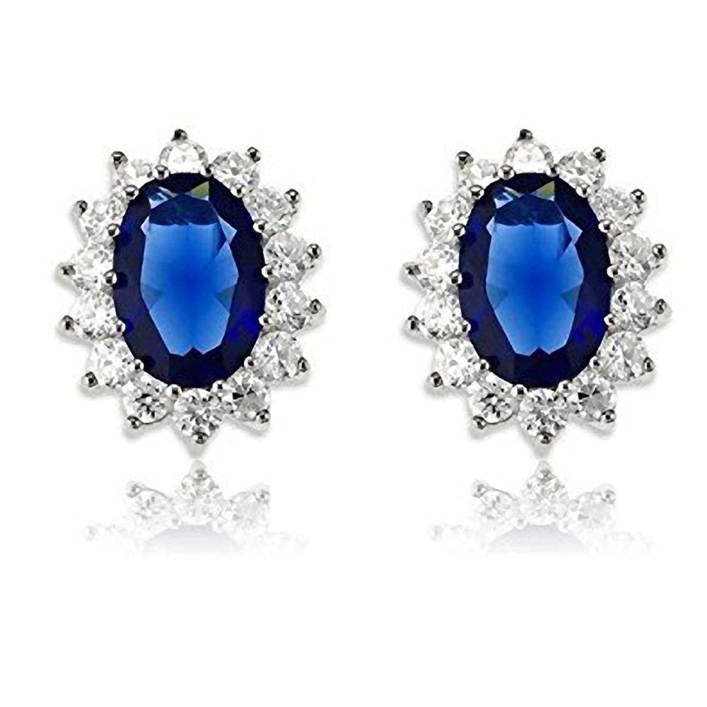 Sapphire & Diamond CZ Sterling Silver Stud Earrings/Ear Studs - Kate Middleton Style