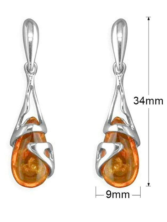 Fancy Cradled Teardrop Baltic Honey Amber Sterling Silver Dangly/Drop Earrings for Women/Girls - Unusual Art Deco Stud Earrings - Amber Jewellery. 080415