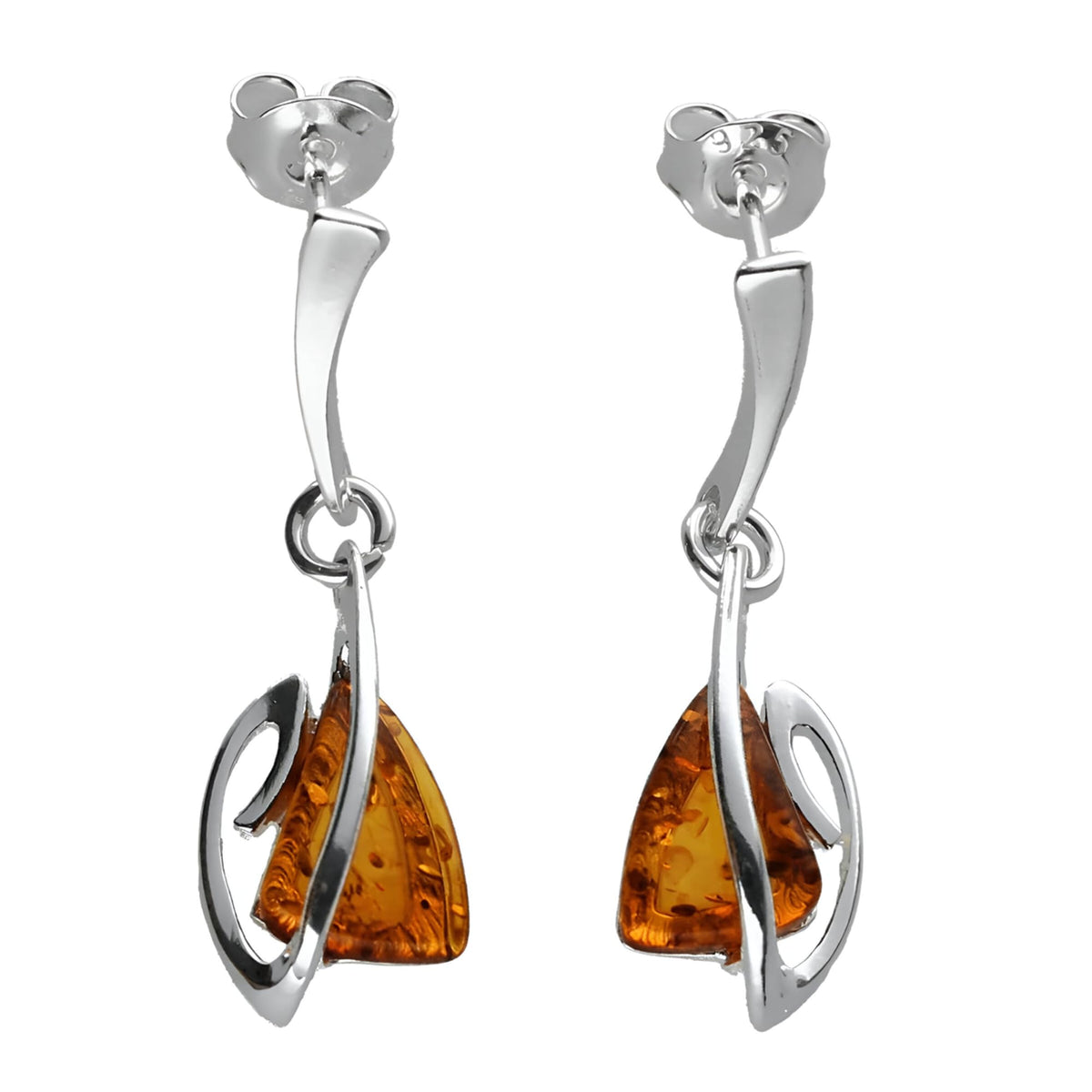 Amber Sterling Silver Earrings - Unusual Art Deco Amber Fancy Dangly Drop Earrings for Women - 925 Sterling Silver. 080417
