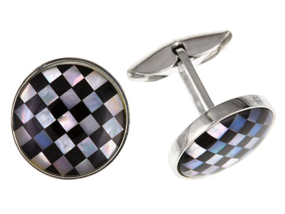 Onyx & Mother of Pearl Round Cufflinks - 925 Sterling Silver - Solid Silver