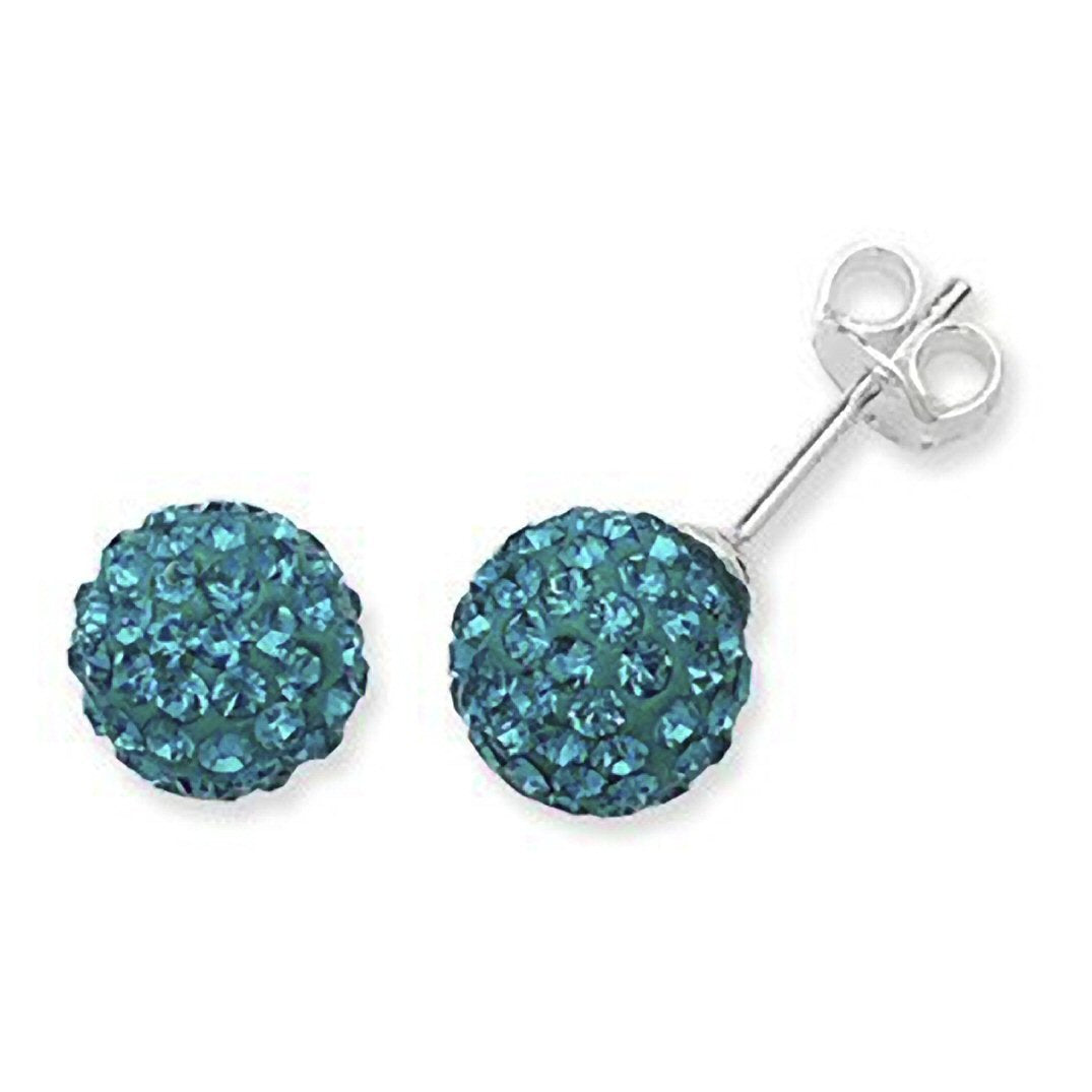 8MM Turquoise Blue Sparkly Austrian Crystal Round Pave Disco/Glitter Ball Sterling Silver Stud Earrings/Ear Studs for Women Ladies Girls - 925 Sterling Silver