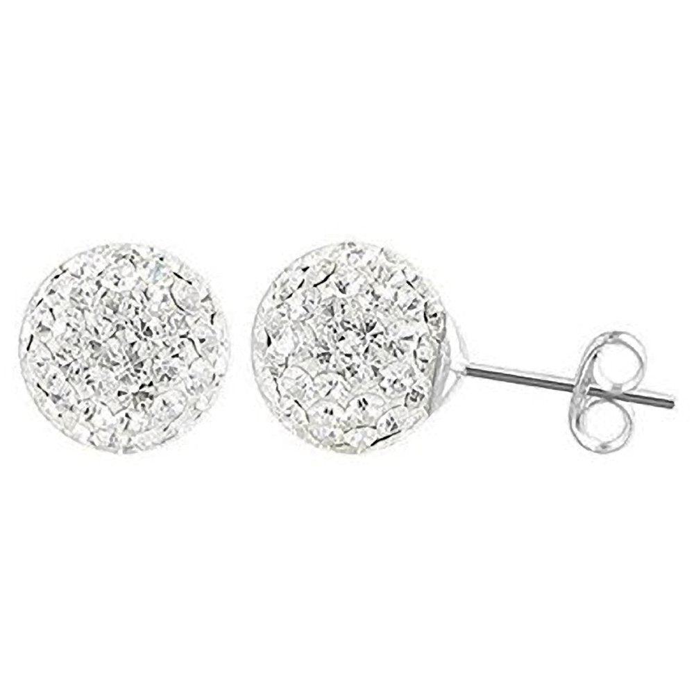12MM White/Clear Sparkly Austrian Crystal Round Pave Disco/Glitter Ball Sterling Silver Stud Earrings/Ear Studs for Women Ladies Girls - 925 Sterling Silver