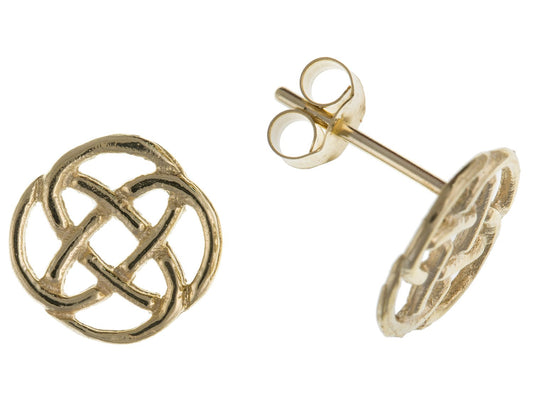 9MM Womens 9ct Yellow Gold Filigree Open Circle Celtic Knot Design Round Stud Earrings/Ear Studs - Irish Jewellery