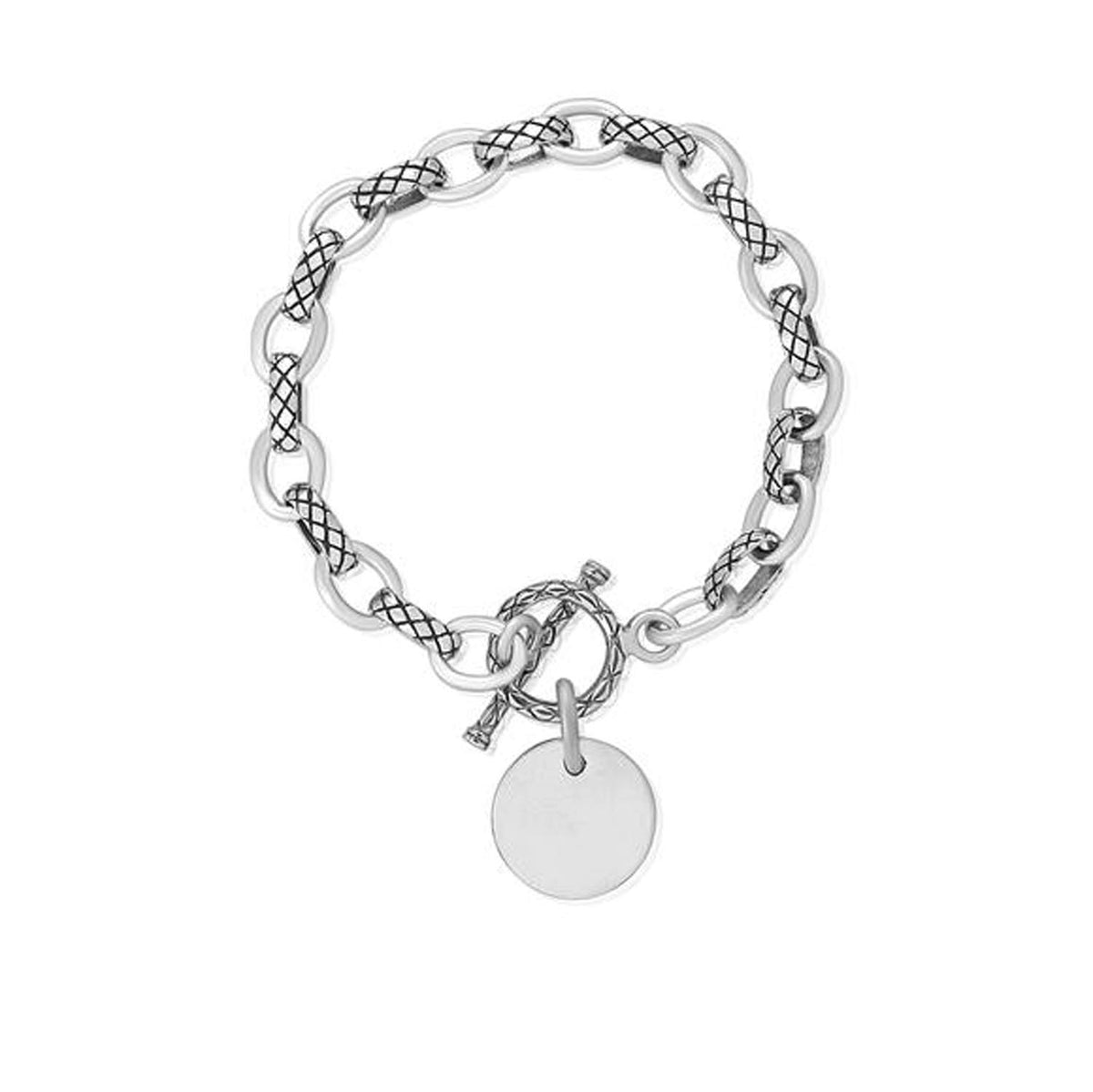 Alternating Cable Rolo & Lattice Pattern Link Bracelet With Silver Charm Tag & Toggle Clas 