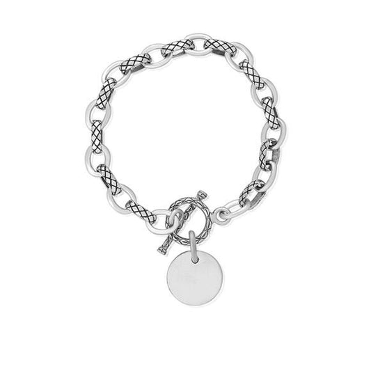 Alternating Cable Rolo & Lattice Pattern Link Bracelet With Silver Charm Tag & Toggle Clas ##disc