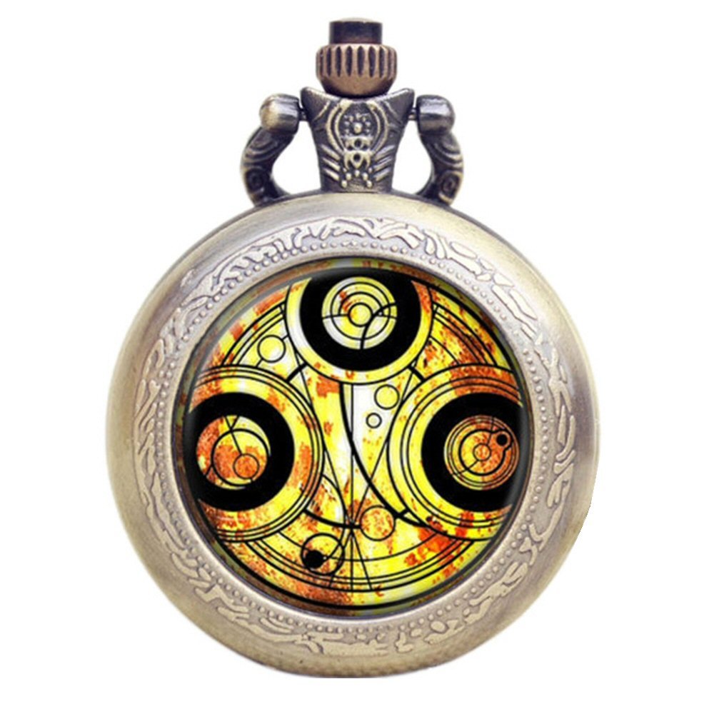 DR WHO Yellow Gallifrey Timelord Seal Bronze Effect Retro/Vintage Case Full Hunter Mens/Boys Quartz Pocket Watch Necklace - On 32" Inch / 80cm Chain