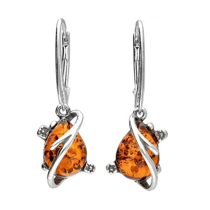 Amber Sterling Silver Earrings - Unusual Amber Fancy Dangly Drop Earrings for Women - 925 Sterling Silver Jewellery. 070321
