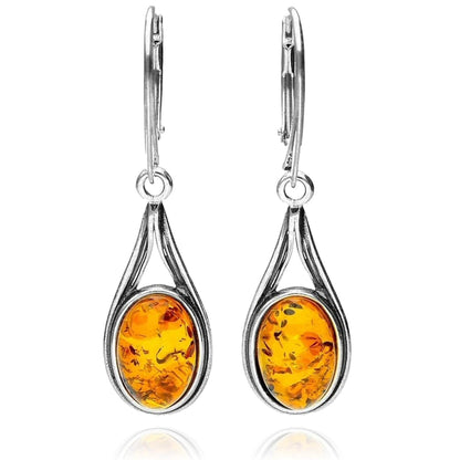 Teardrop Cabochon Cut Baltic Honey Amber Lever Back Sterling Silver Earrings for Women/Girls - Dangly/Dangle Drop Earrings - Amber Jewellery. 070403