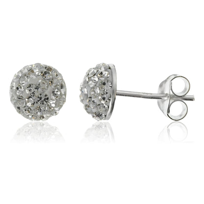 8MM Sparkling White/Clear Austrian Crystal Pave Half Dome Glitter/Disco Ball Stud Earrings/Ear Studs for Women Ladies Girls - 925 Sterling Silver