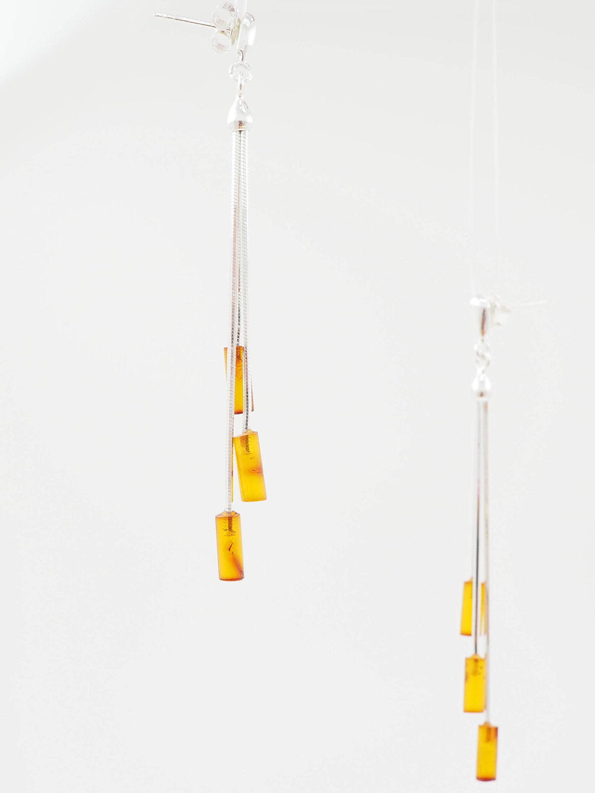 Triple Cognac Amber Tubes Long Fancy Dangly/Dangle Drop Silver Earrings for Women/Teenage/Girls - 925 Sterling Silver - Amber Jewellery - 9mm W X 64mm H - Weight: 3.22 Grams