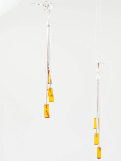 Triple Cognac Amber Tubes Long Fancy Dangly/Dangle Drop Silver Earrings for Women/Teenage/Girls - 925 Sterling Silver - Amber Jewellery - 9mm W X 64mm H - Weight: 3.22 Grams