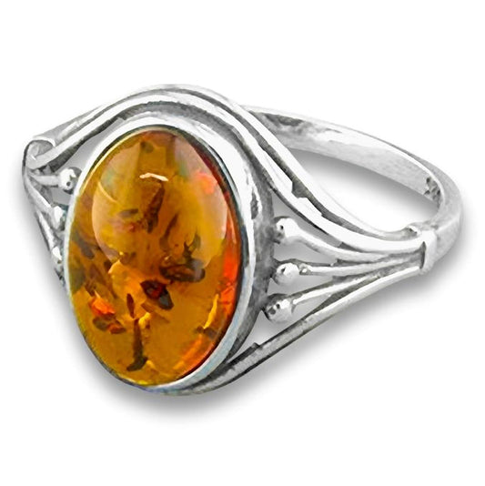 Oval Cognac Amber Sterling Silver Ring With Ribbed Shoulders - Orange Brown Amber Jewellery – Sizes L-R Available